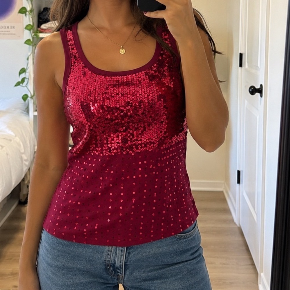 The Limited Burgundy Sequin Tank Top Y2K Sleeveless Glam Wine S fairy whimsy